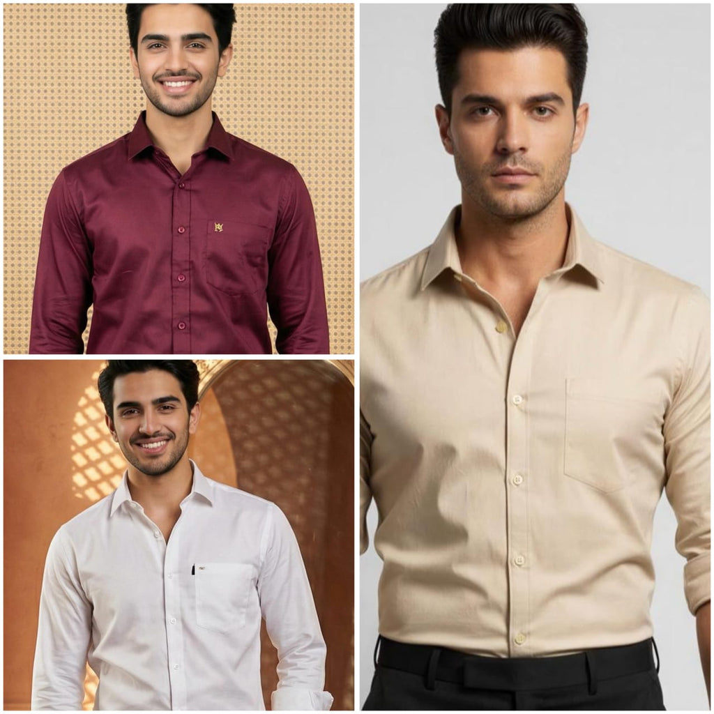 Premium Cotton Formal Shirt Combo – White, Beige & Burgundy (Pack of 3)