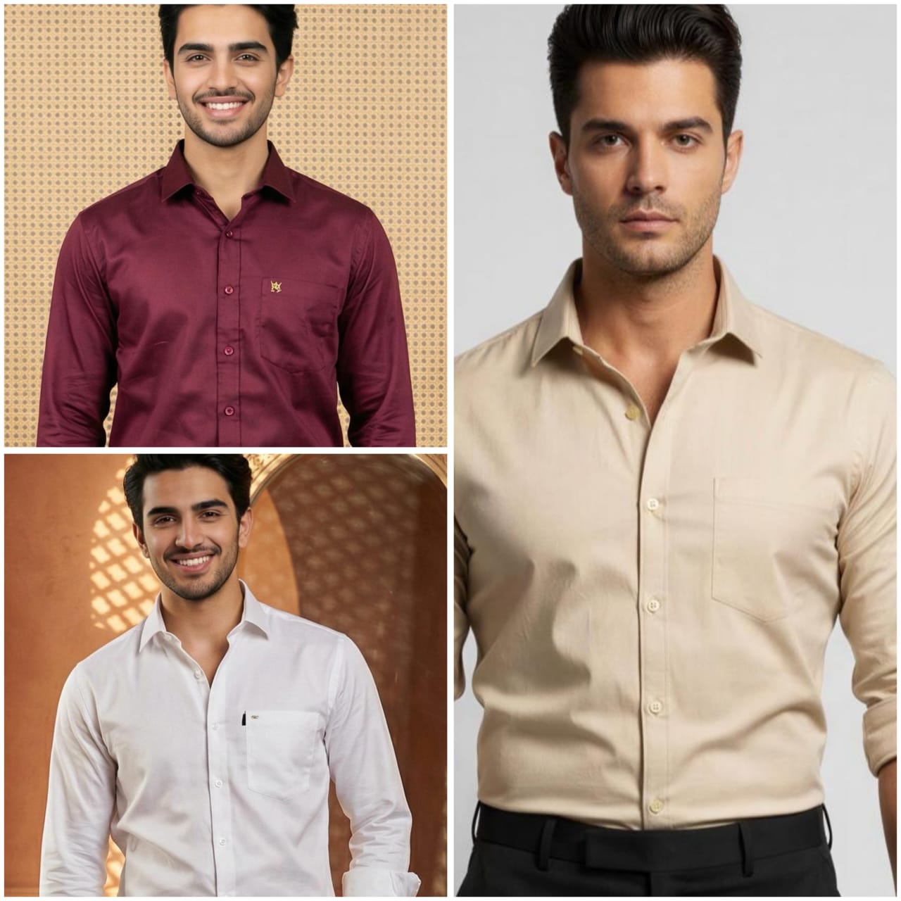 Premium Cotton Formal Shirt Combo – White, Beige & Burgundy (Pack of 3)