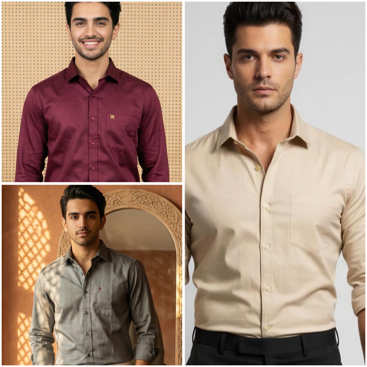 Premium Cotton Formal Shirt Combo – Gray, Beige & Burgundy (Pack of 3)