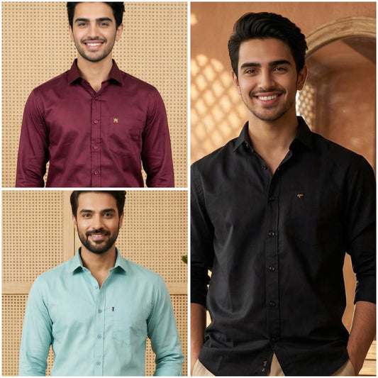 Premium Cotton Formal Shirt Combo – Black, Sky Blue & Burgundy (Pack of 3)