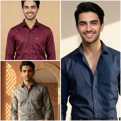 Premium Cotton Formal Shirt Combo – Gray, Navy Blue & Burgundy (Pack of 3)
