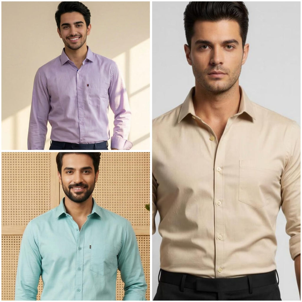 Premium Cotton Formal Shirt Combo – Lavender, Sky Blue & Beige (Pack of 3)