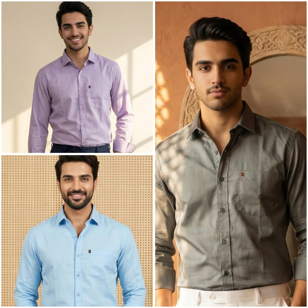 Premium Cotton Formal Shirt Combo – Lavender, Sky Blue & Gray (Pack of 3)