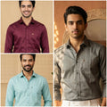 Premium Cotton Formal Shirt Combo – Sky Blue, Burgundy & Gray (Pack of 3)