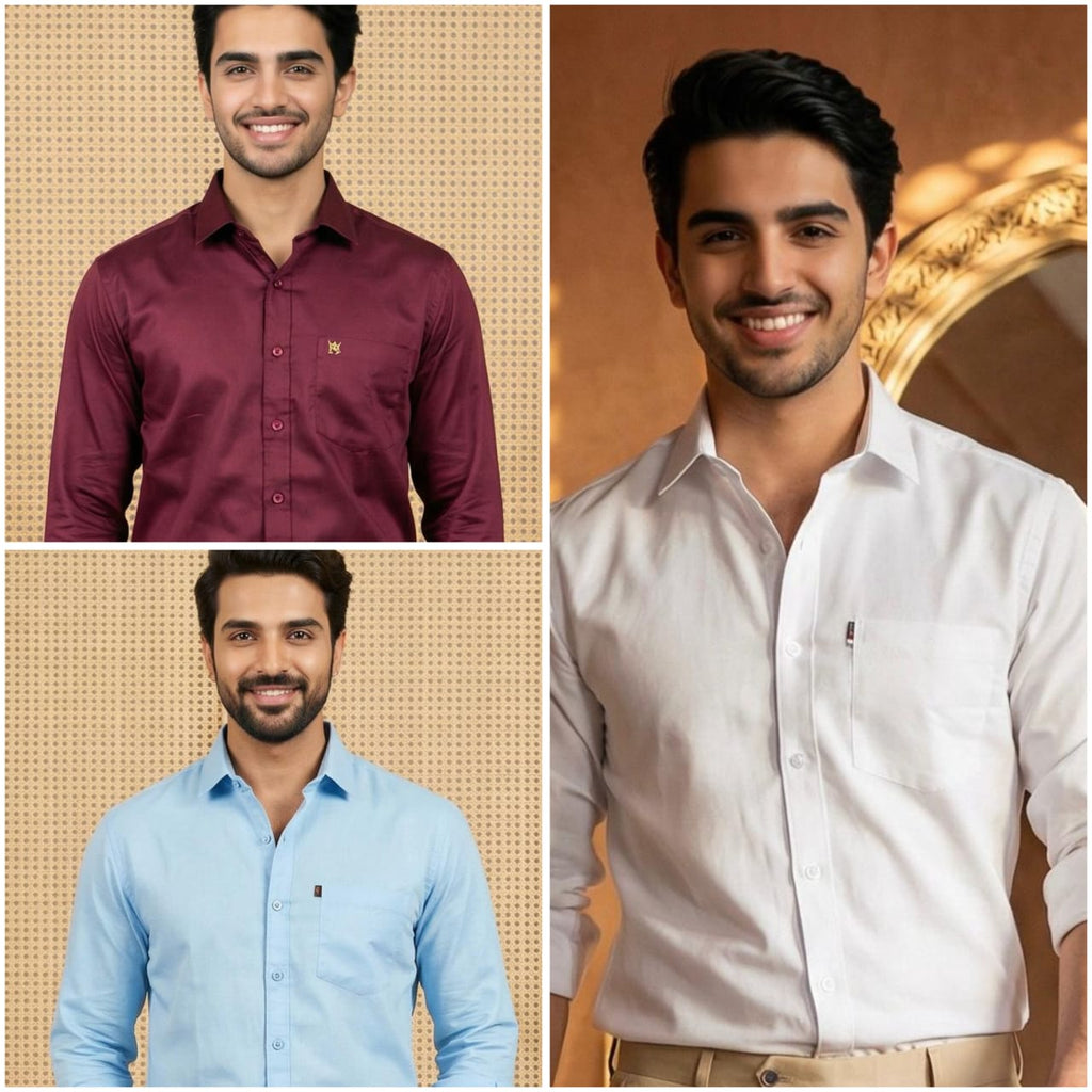 Premium Cotton Formal Shirt Combo – Sky Blue, Burgundy & White (Pack of 3)