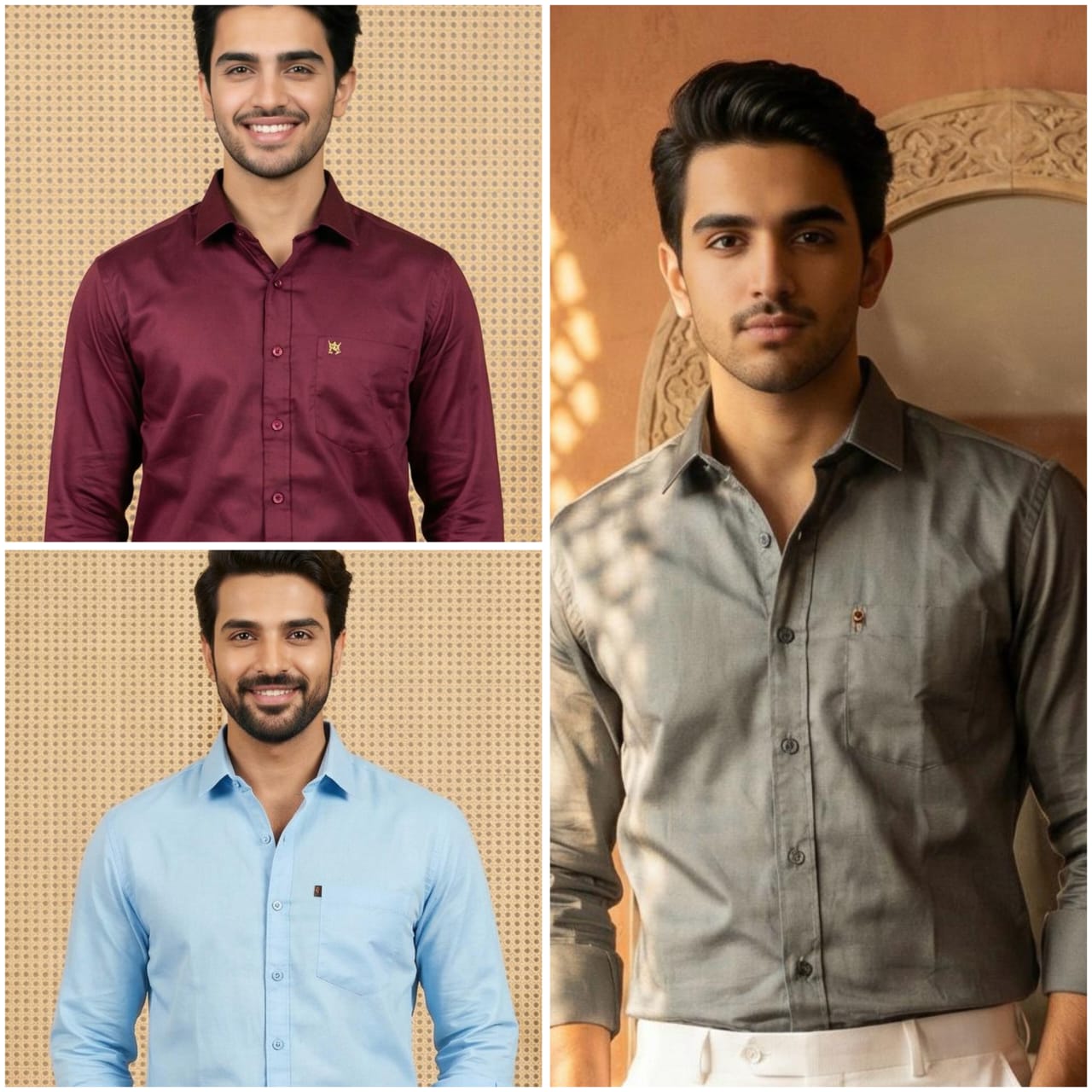 Premium Cotton Formal Shirt Combo – Sky Blue, Burgundy & Gray (Pack of 3)