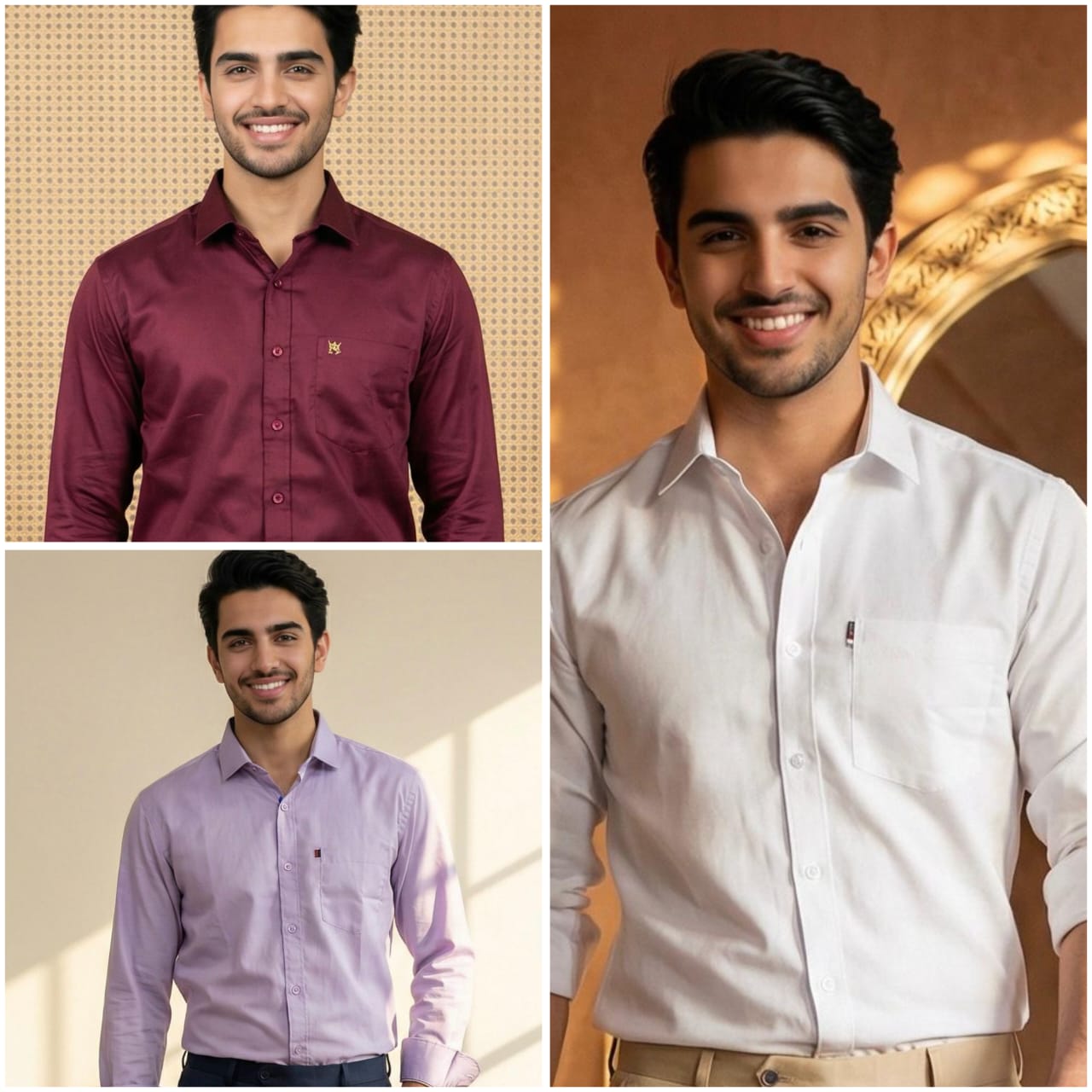 Premium Cotton Formal Shirt Combo – Lavender, Burgundy & White (Pack of 3)