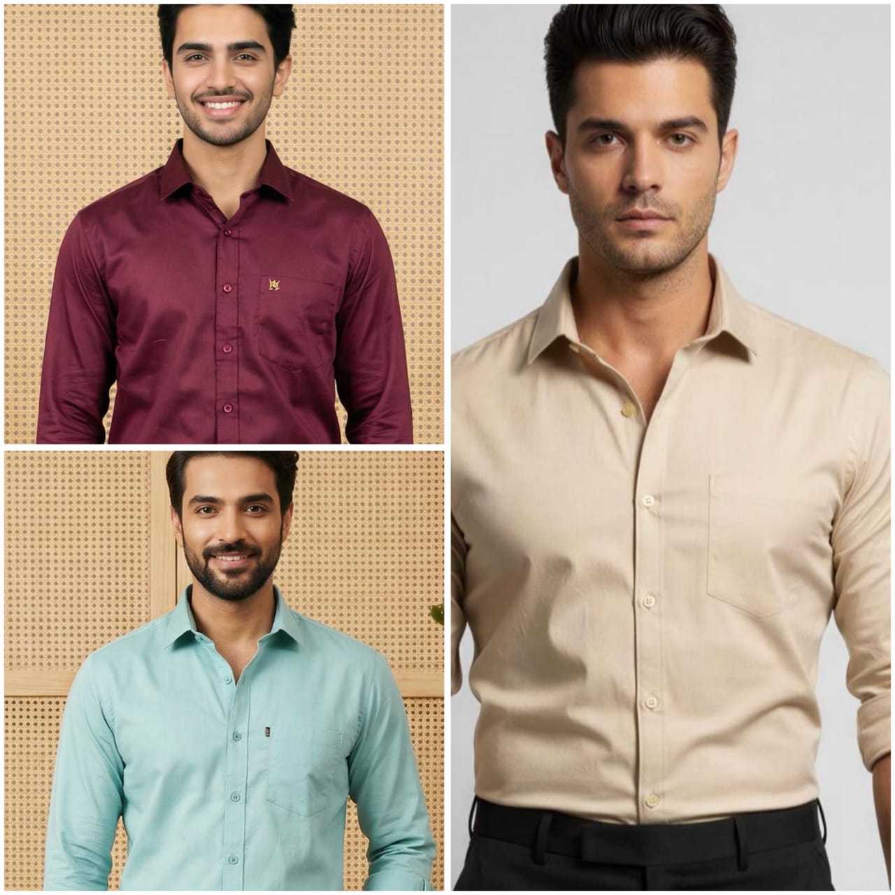 Premium Cotton Formal Shirt Combo – Beige, Burgundy & Sky Blue (Pack of 3)