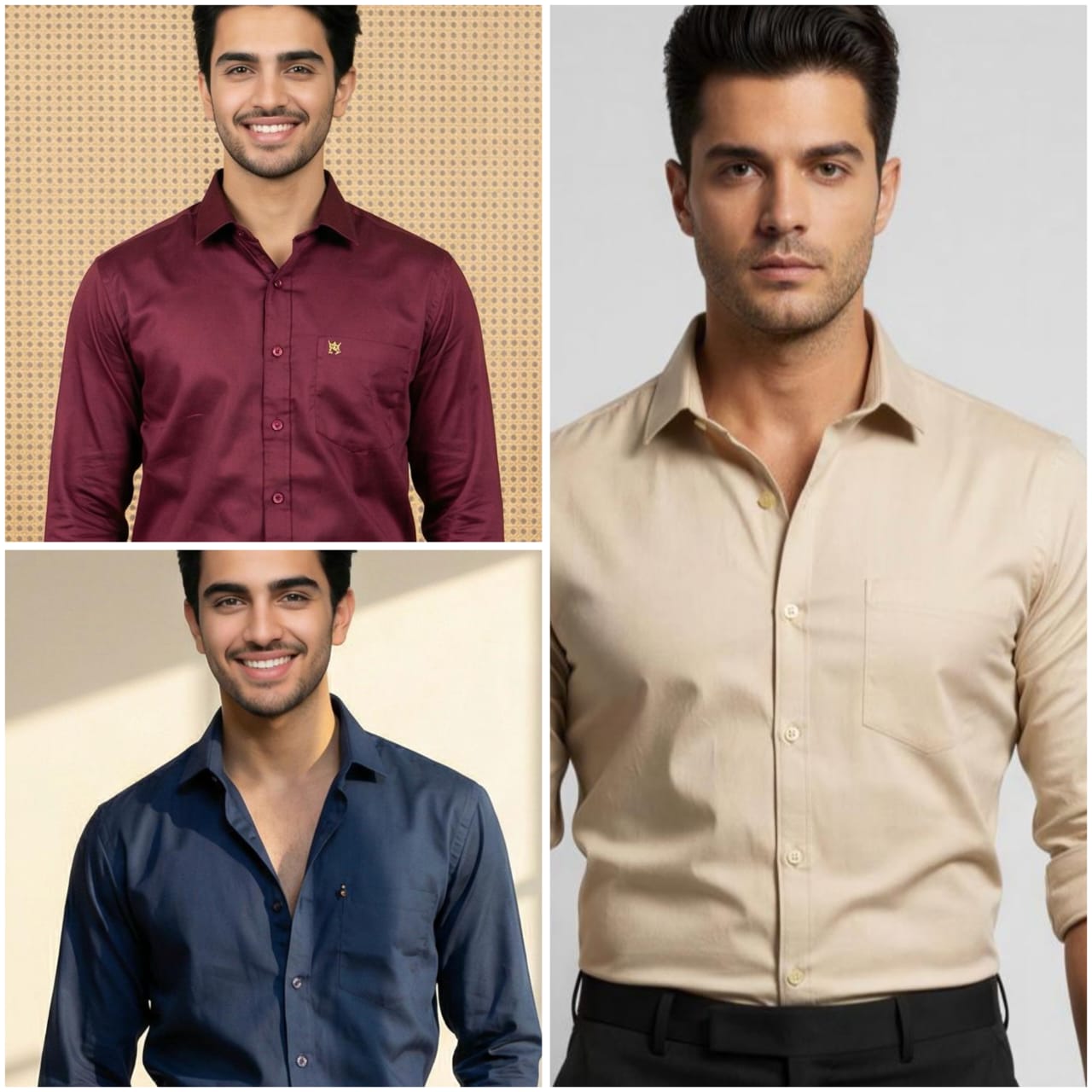 Premium Cotton Formal Shirt Combo – Beige, Burgundy & Navy Blue (Pack of 3)