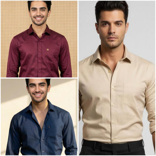Premium Cotton Formal Shirt Combo – Beige, Burgundy & Navy Blue (Pack of 3)