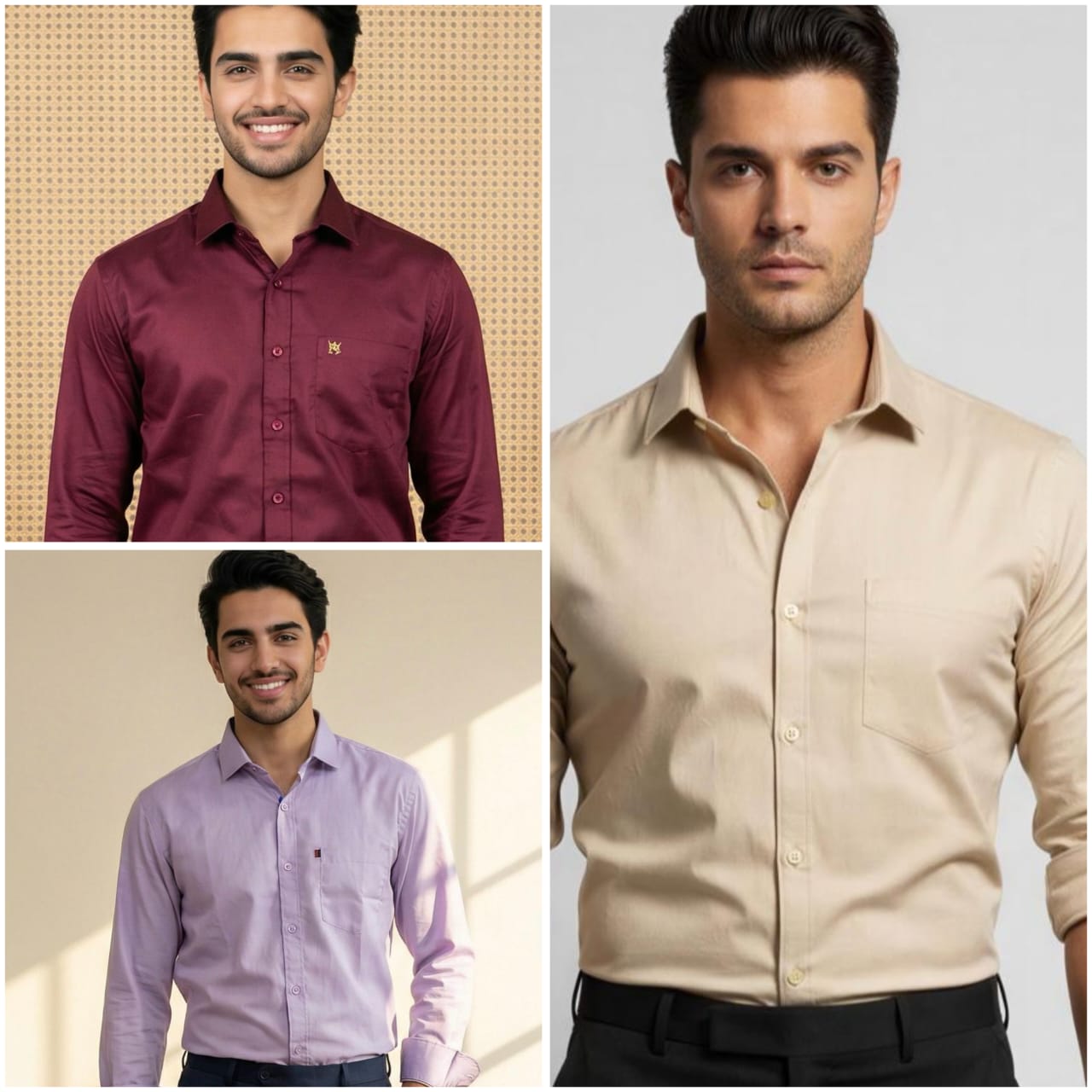 Premium Cotton Formal Shirt Combo – Beige, Burgundy & Lavender (Pack of 3)