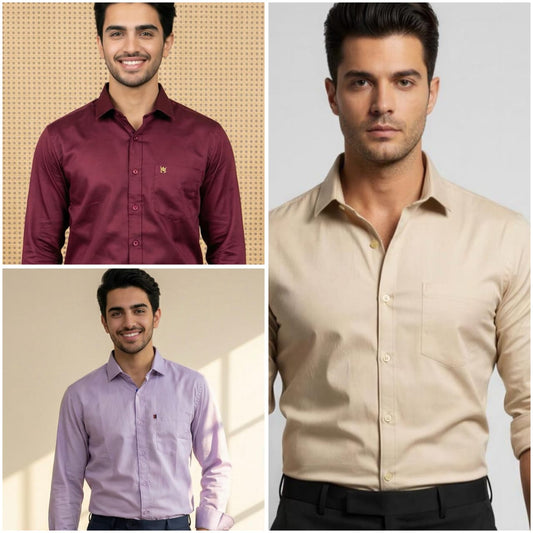 Premium Cotton Formal Shirt Combo – Beige, Burgundy & Lavender (Pack of 3)