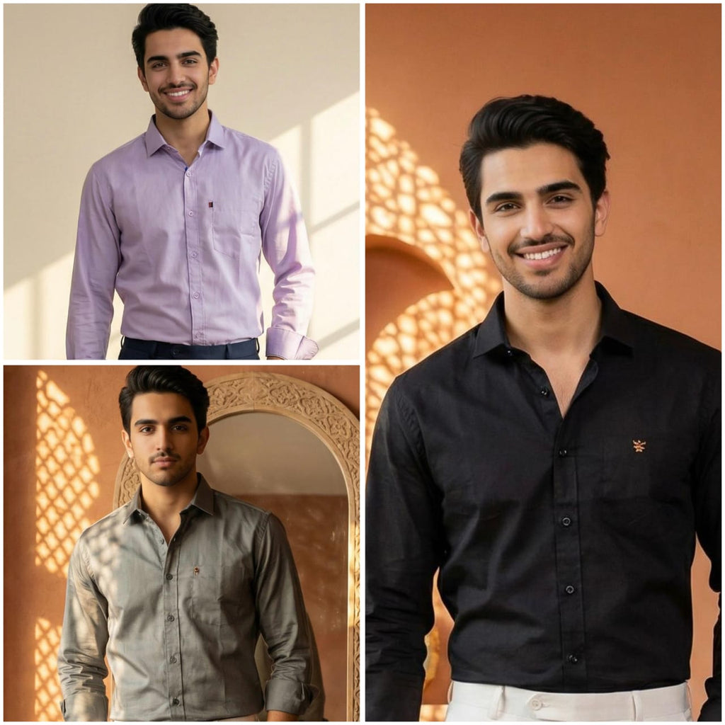 Premium Cotton Formal Shirt Combo – Lavender, Black & Gray (Pack of 3)