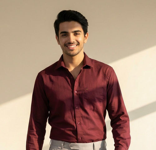 Burgundy Cotton Formal Shirt & Grey Formal Pant Combo for Men