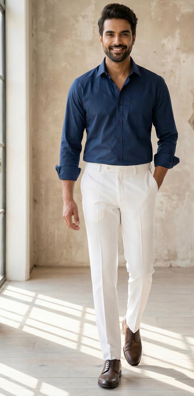 Executive Navy Blue Cotton Shirt & White Formal Pant Combo