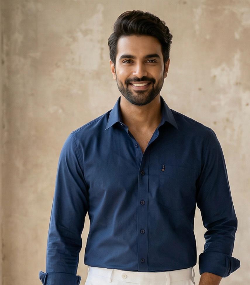 Executive Navy Blue Cotton Shirt & White Formal Pant Combo