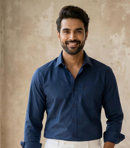 Executive Navy Blue Cotton Shirt & White Formal Pant Combo