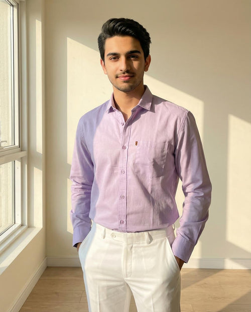 Lavender Cotton Formal Shirt & White Formal Pant Combo for Men