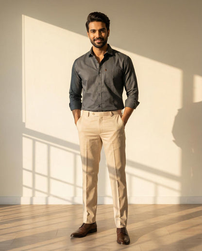 Grey Cotton Formal Shirt & Beige Formal Pant Combo for Men