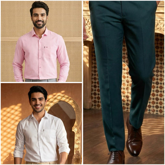 Premium Formal Wear Combo – 2 Shirts + 1 Bottle Green Formal Pant
