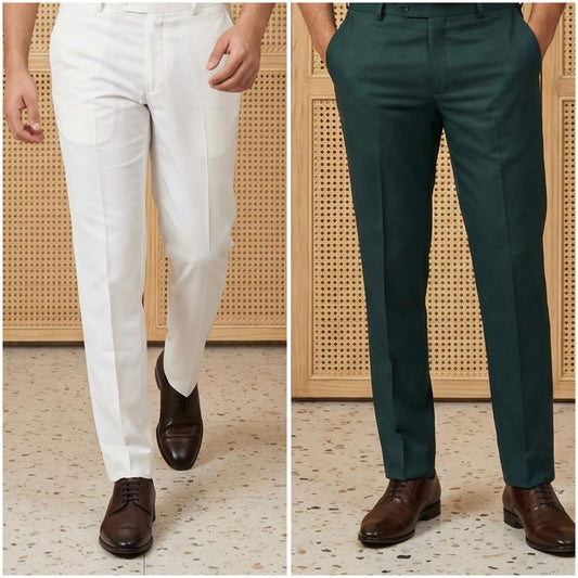 Premium Formal Pant Combo – White & Bottle Green (Pack of 2)