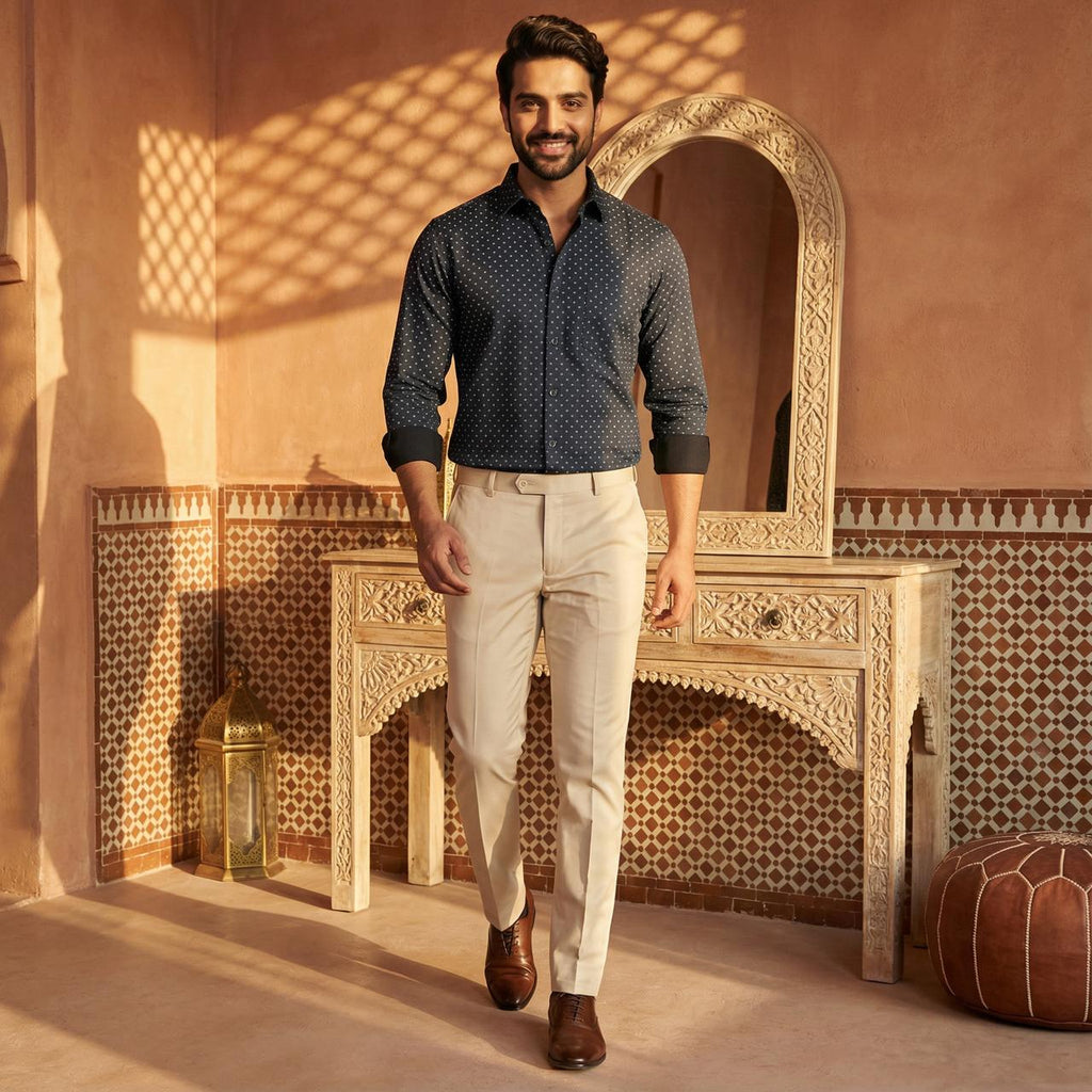 Smart Formal Combo – Black Printed Shirt with Beige Formal Pant