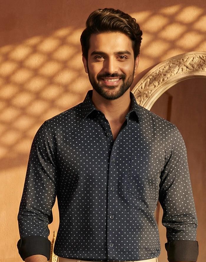 Smart Formal Combo – Black Printed Shirt with Beige Formal Pant