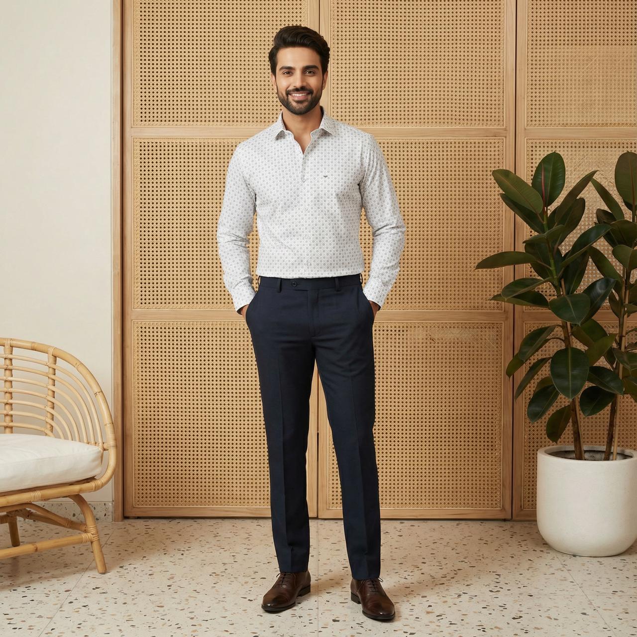 Smart Formal Combo – White Printed Shirt with Black Formal Pant