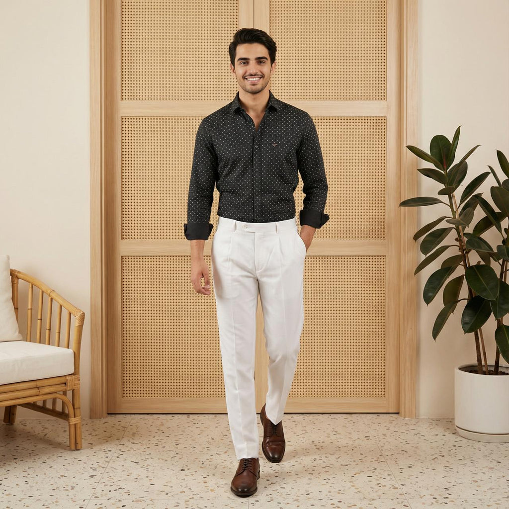 Smart Formal Combo – Black Printed Shirt with White Formal Pant