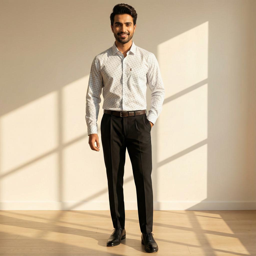 Smart Formal Combo – White Printed Shirt with Black Formal Pant