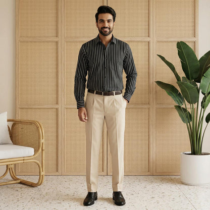 Refined Office Wear Set – Black Stripe Shirt with Beige Formal Pant