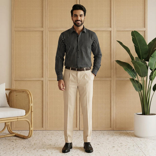 Refined Office Wear Set – Black Stripe Shirt with Beige Formal Pant