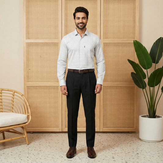 Smart Formal Combo – White Printed Shirt with Black Formal Pant