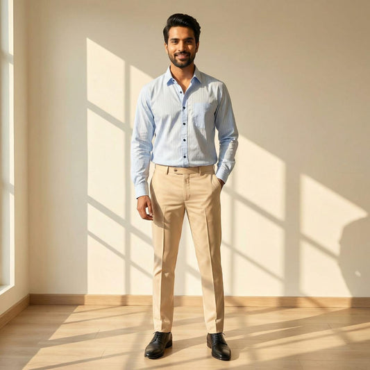 Blue Cotton Stripe Shirt & Beige Cotton Premium & Elegant Formal Shirt & Pant For Men