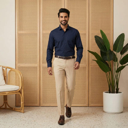 Navy Blue & Cream Cotton Premium & Elegant Formal Shirt & Pant For Men