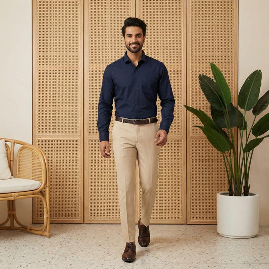 Navy Blue & Cream Cotton Premium & Elegant Formal Shirt & Pant For Men