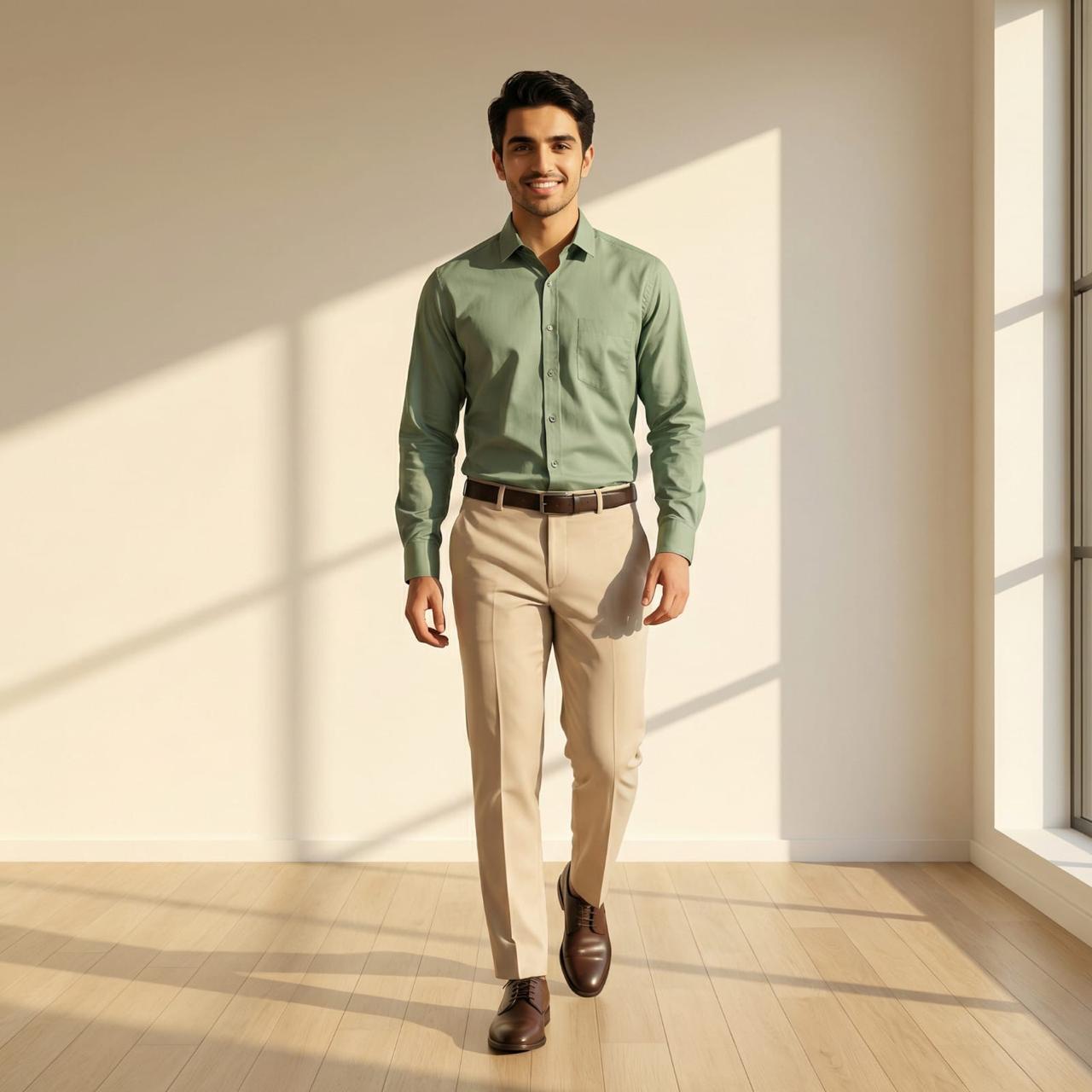Mint Green Classic Cotton Shirt with Beige Formal Trousers Combo