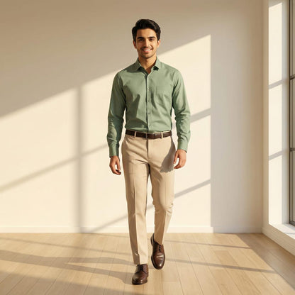 Mint Green Classic Cotton Shirt with Beige Formal Trousers Combo