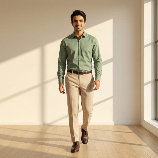 Mint Green Classic Cotton Shirt with Beige Formal Trousers Combo