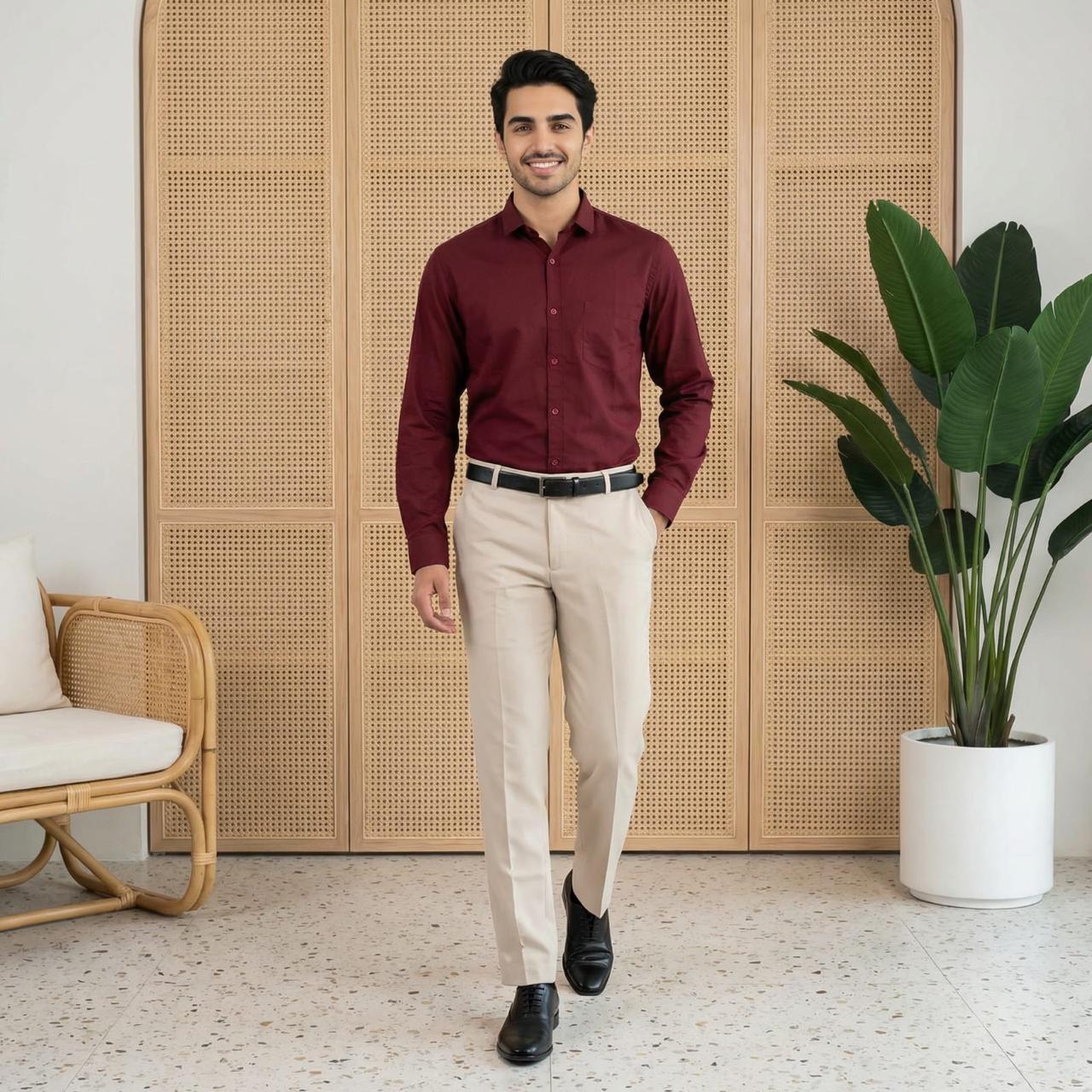 Maroon & Beige Cotton Premium & Elegant Formal Shirt & Pant For Men