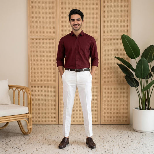 Burgundy Cotton Formal Shirt & White Formal Pant Combo for Men