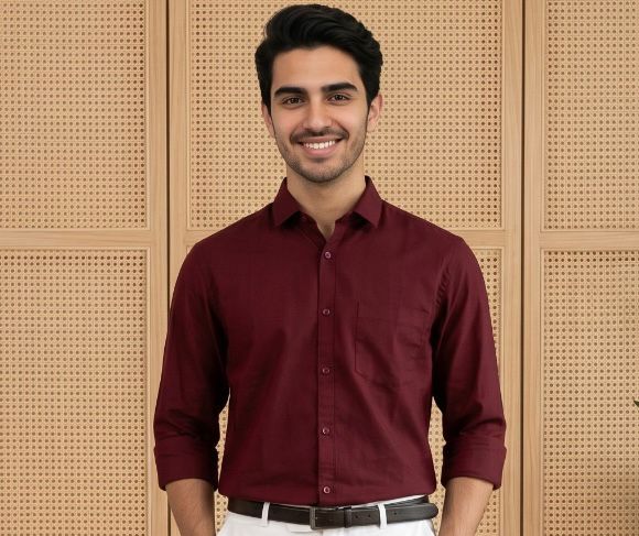 Burgundy Cotton Formal Shirt & White Formal Pant Combo for Men