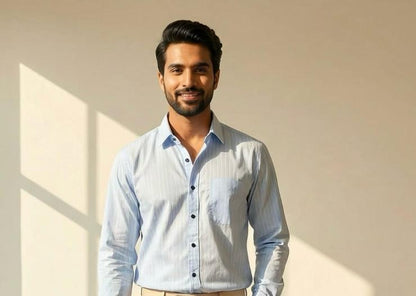 Blue Cotton Stripe Shirt & Beige Cotton Premium & Elegant Formal Shirt & Pant For Men